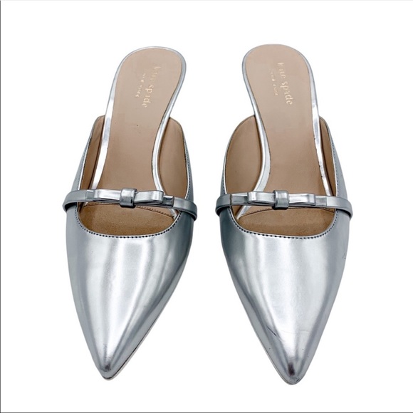KATE SPADE Carnation Metallic Kitten-heel Sandals In Silver Leather 37.5 - Picture 1 of 6